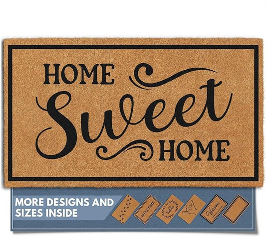 Barnyard Designs Natural Coco Coir Heavy Duty Backing Doormat - Large Cute Non-Slip Front Door Welcome Mat for Outside Entrance or Porch Entry, Brown (17x30, Home Sweet Home)-Ruum Studio Home
