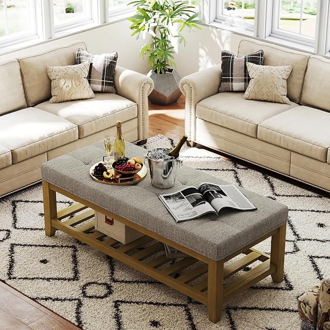 Large Rectangular Upholstered Ottoman Bench, Linen Tufted Footrest Ottoman with Solid Wood Shelf Storage Coffee Table for Bedroom Living Room, Linen-Ruum Studio Home