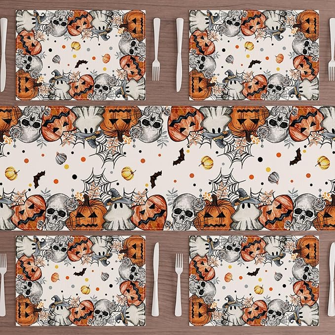 XCHI Spooky Skeleton Ghost Pumpkin Halloween Placemats Set of 4 Table Mats for Party Home Kitchen Dining Table Decorations 12x18 Inch-Ruum Studio Home