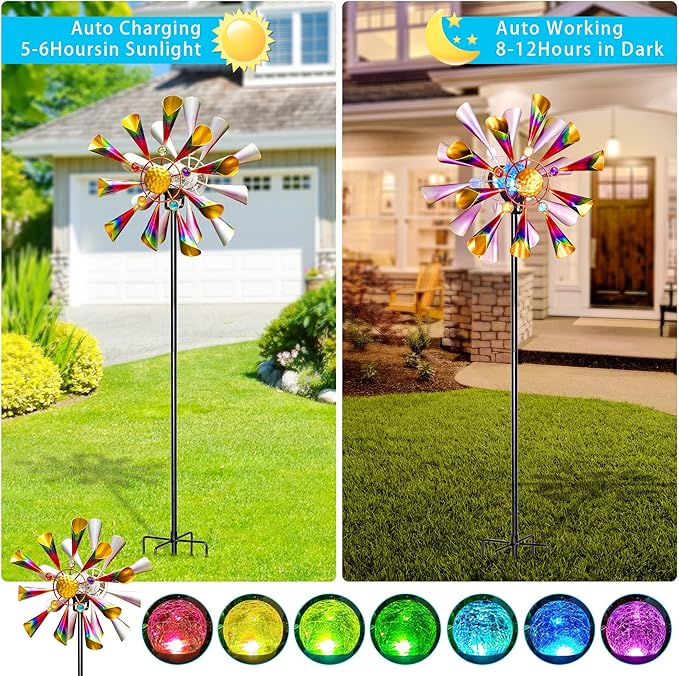 54'' Wind Spinners Outdoor Solar Garden Decor Light - Unique Metal Stake Colorful Windmill, Durable Waterproof Design for Garden, Lawn, Patio-Ruum Studio Home