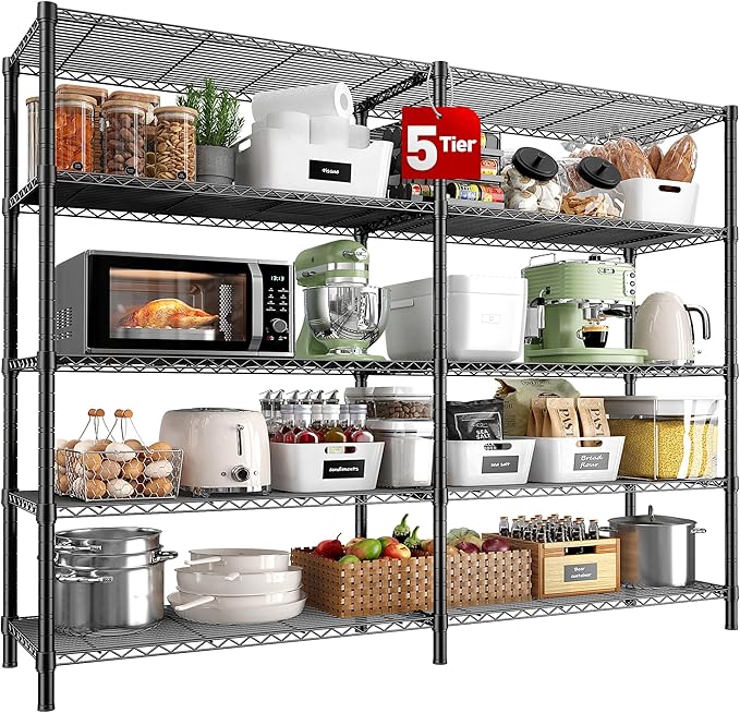 REIBII 5 Tier Wire Shelving Storage Shelves Loads 1430LBS, 58" W Metal Shelving for Storage Adjustable Shelving Unit Heavy Duty Garage Shelves Pantry Shelves Kitchen, Black-Ruum Studio Home