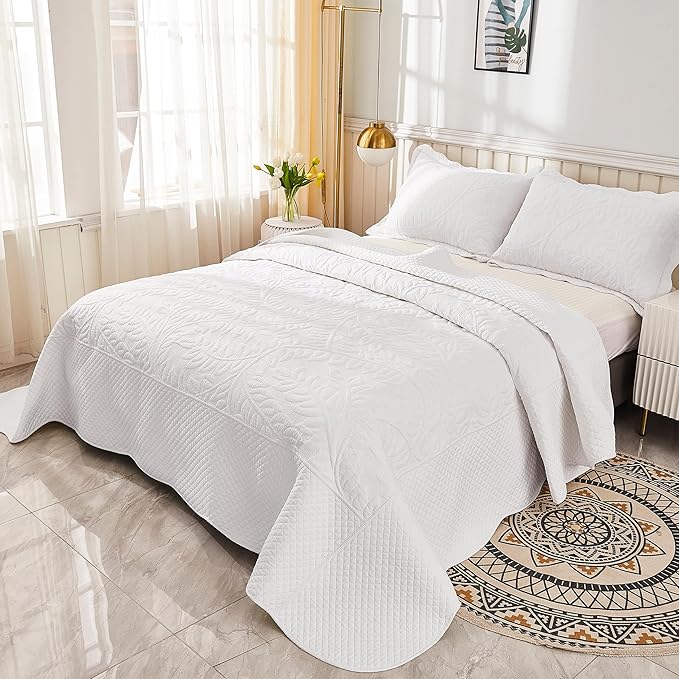 MarCielo 3-Piece 100% Cotton Oversized Bedspread Lightweight Quilt Coverlet Embroidery Farmhouse Bedding Set T0 (Bright White, Oversized King (118"x106"))-Ruum Studio Home