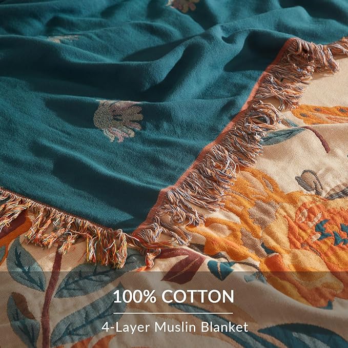 Boho Throw Blanket for Couch Sofa Bed, 100% Cotton Woven Quilt with Tassel 80”x90”, Super Soft Muslin Blanket with Floral Printed, Decorative Reversible Bed Blanket/Cover for All Seasons-Ruum Studio Home