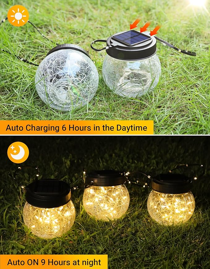PARTPHONER Solar Lanterns Solar Lights Outdoor Waterproof 18-Pack, Solar Powered Hanging Lights Cracked Glass Hanging Globes for Christmas Decoration, Shepherd Hook, Garden Tree Ornaments-Ruum Studio Home