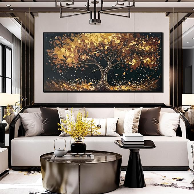 Tree Painting Wall Art for Office - Hand Painted Gold and Black Canvas Wall Art for Living Room - Black Framed Wall Art for Bedroom Size 29" x 59"-Ruum Studio Home