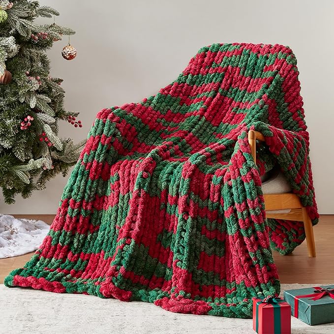 Chunky Knit Throw Blanket, 30''*40'' Knitted Throw Chenille Yarn for Bed Couch, Handmade Stripe Crochet Big Thick Blanket, Machine Washable Cute Comfy Blanket for Home Decor-Ruum Studio Home