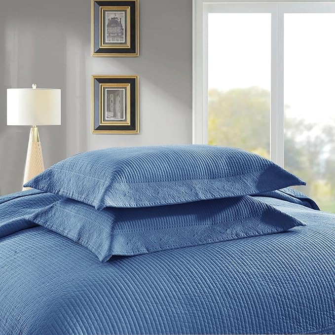 MarCielo 3-Piece 100% Cotton Oversized Bedspread Lightweight Quilt Coverlet Embroidery Farmhouse Bedding Set (TG Midtone Blue, Oversized King (118"x106"))-Ruum Studio Home