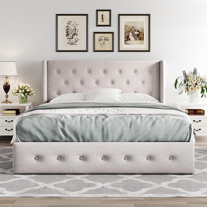 Allewie Full Size Lift Up Storage Bed, Button Tufted Headboard with Wingback, Hydraulic Support, No Box Spring Needed, Light Beige-Ruum Studio Home