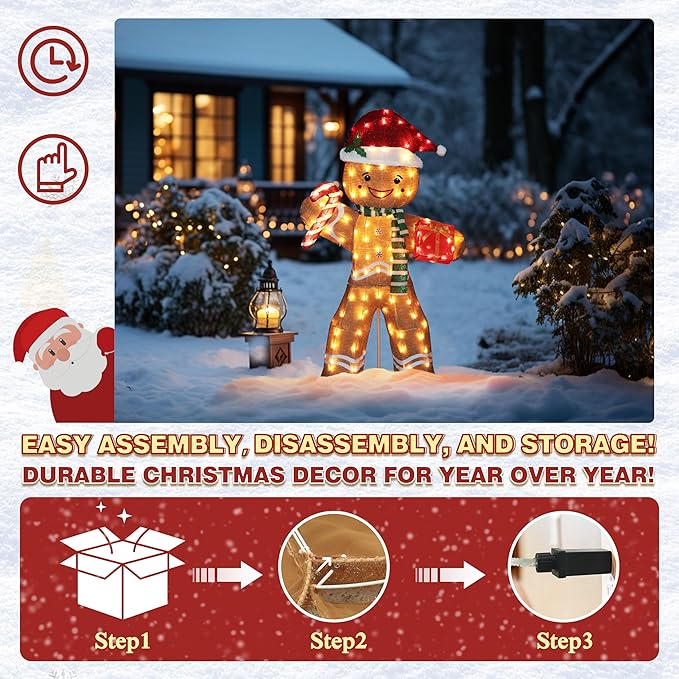 5FT Gingerbread Man with Candy Cane and Gift Box Decoration, 2.5D Pre-Lit Gingerbread Man Decor with 120 LED Lights for Christmas, Freestanding Glittered Holiday Display for Outdoor, Indoor-Ruum Studio Home
