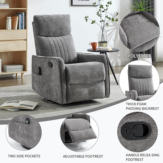 Manual Swivel Rocker Recliner Chair for Adults, Overstuffed Reclining Glider Chair for Nursing with Vibration Massage & Heat, Living Room Rocking Recliner 2-Stage backrest, Chenille Fabric Dark Gray-Ruum Studio Home