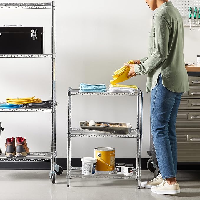 Amazon Basics 3-Shelf Adjustable Heavy Duty Steel Wire Rack Storage Shelving Organizer for Kitchen, Garage, 23.2" L x 13.4" W x 30" H, Chrome-Ruum Studio Home