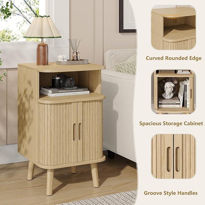 Alohappy Fluted End Table Set of 2, Mid Century Modern Nightstands with Sliding Tambour Door, Curved Round Edge Wood Bedside Table for Bedroom, Side Tables with Storage for Living Room, Natural Oak-Ruum Studio Home