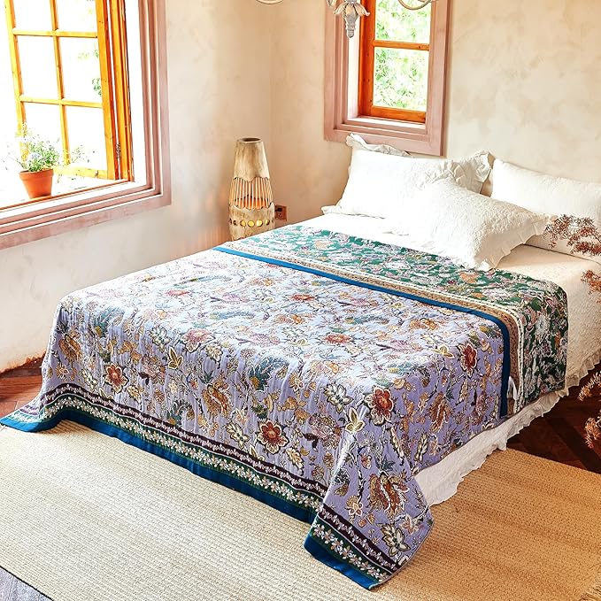 Boho Throw Blanket 91" x 98", 100% Organic Cotton Breathable Ultra Soft Bed Purple Quilt Throw - All Season Luxury Floral Farmhouse Decor Blanket for Sofa Couch Chair and Gift.-Ruum Studio Home