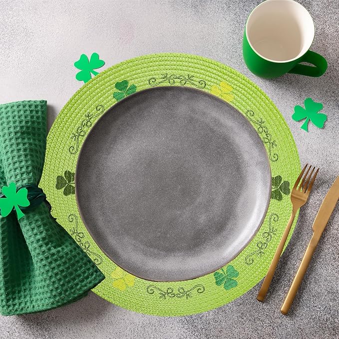 Whaline 4Pcs Round St. Patrick's Day Placemats Embroidered Shamrock Place Mats Green Clover Dinner Table Mats for Home Spring Irish Holiday Birthday Party Decor-Ruum Studio Home