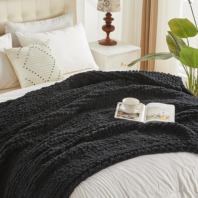 Carriediosa Chunky Knit Throw Blanket 50" X 60", 100% Hand Made Large Chenille Loop Yarn Soft Fluffy Throws for Couch Sofa Bed, Big Crochet Cozy Heavy Thick Cable Woven Blankets, Black-Ruum Studio Home