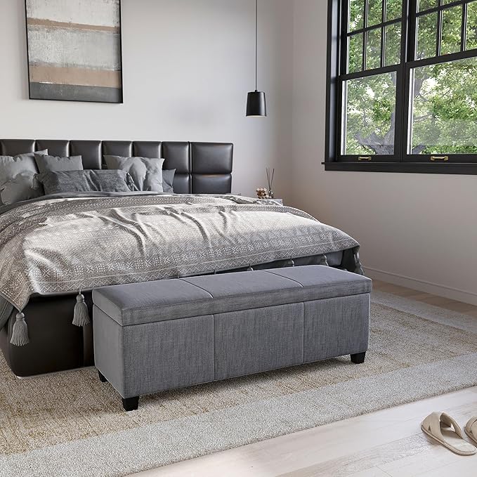 BELLEZE Storage Ottoman, 47 Inch Bench Bedroom Bench with Safety Close Hinge, Extra Long Ottoman with Storage for Living Room, Entryway, Hallway, Foot Rest, Support 300lbs - Gray-Ruum Studio Home