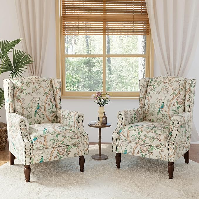 Lumibee Wingback Accent Chair, 2 Set High Back Floral Armchairs in Fabric,Comfy Upholstered Reading Single Sofa Chairs with Solid Wood Legs for Living Room,Bedroom,Office-Bird-Ruum Studio Home