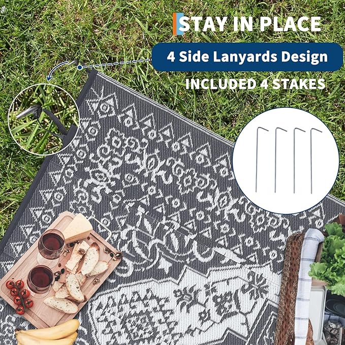 GAOMON Outdoor Patio Rug 9x12 Waterproof Reversible Plastic Straw Rug, Large UV-Resistant Portable RV Camping Mats, Indoor Outdoor Rugs for Outside Deck Porch Garden RV, Gray & White-Ruum Studio Home