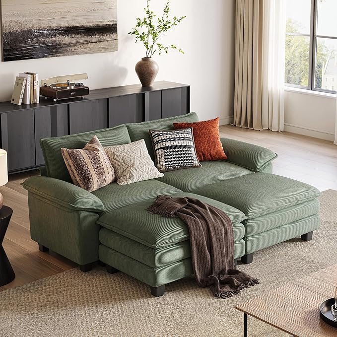 LINSY HOME Modular Sectional Sofa - 90'' Sleeper Sofa Cloud Couch Oversized Corduroy Sofa Bed with Movable Ottoman Soft Modern Comfy Couch for Living Room Apartment Office, Green-Ruum Studio Home
