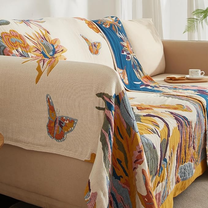 Boho Throw Blanket for Couch Sofa Bed, 100% Cotton Woven Quilt with Tassel 80”x90”, Super Soft Muslin Blanket with Floral Printed, Decorative Reversible Bed Blanket/Cover for All Seasons-Ruum Studio Home