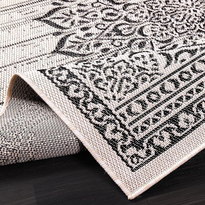 CAMILSON Outdoor Rug, 5x7 Medallion White Black Modern Area Rugs for Indoor and Outdoor Patios, Kitchen and Hallway Mats, Washable Porch Deck Outside Carpet (Medallion White, 5 x 7)-Ruum Studio Home