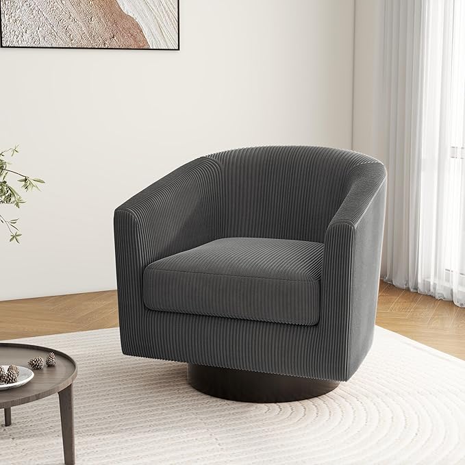 Swivel Barrel Accent Chair, Modern Round Corduroy Fabric Arm Chair for Living Room, Bedroom, Comfy Club Reading Chairs for Adults (Corduroy Grey, Set of 2)-Ruum Studio Home