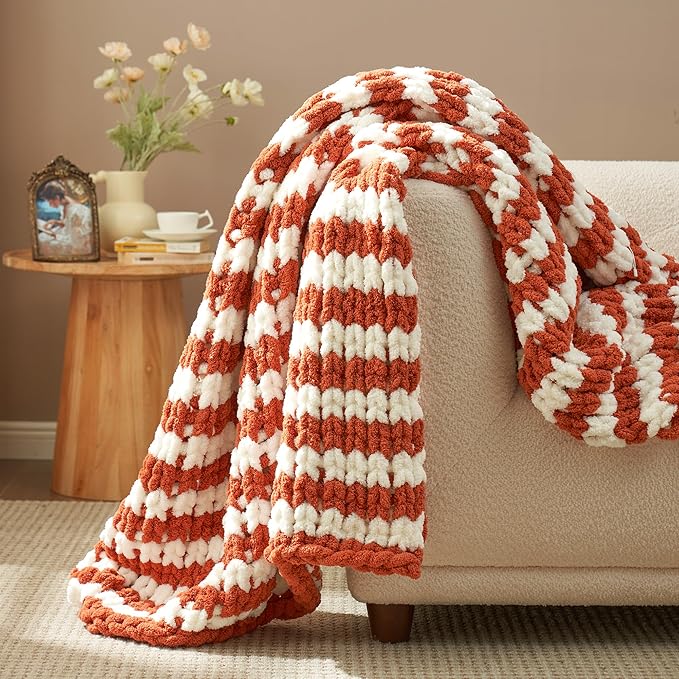 Amélie Home Chunky Knit Throw Blanket for Couch, Soft Chenille Crochet Blanket for Sofa, 50"x60", Burnt Orange & White Striped-Ruum Studio Home