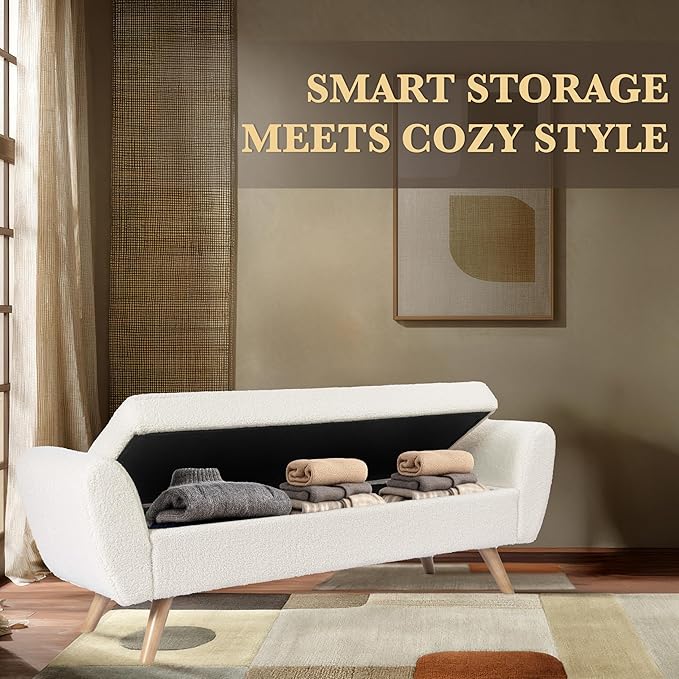 HomePop Modern Storage Bench with Wood Legs Home Décor|Bench with Storage for Living Room & Bedroom - Sherpa Cream-Ruum Studio Home
