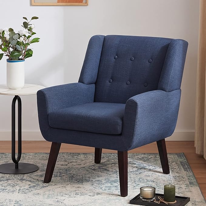 HUIMO Accent Chair Living Room Chair, Upholstered Button Tufted Armchair, Linen Fabric Sofa Chairs for Bedroom, Living Room, Mid Century Modern Comfy Reading Chair (Dark Blue)-Ruum Studio Home