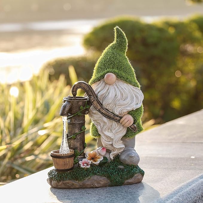 TERESA'S COLLECTIONS Resin Garden Gnomes Decor with Solar Lights, Fathers Gifts, Green Outdoor Decorations for Porch Patio, Gifts for Dad and Mom，Outdoor Garden Decor Ornaments for Outside, 10"-Ruum Studio Home