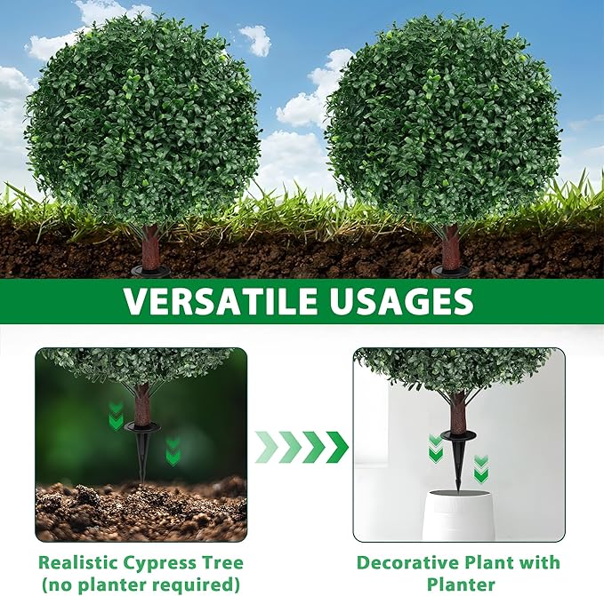 Artificial Boxwood Topiary Ball Tree with Ground Spike, Set of 2 Artificial Shrub Bushes, Fake Evergreen Tree for Porch, Artificial Plants for Outdoor Planters Indoor UV Resistant-Ruum Studio Home