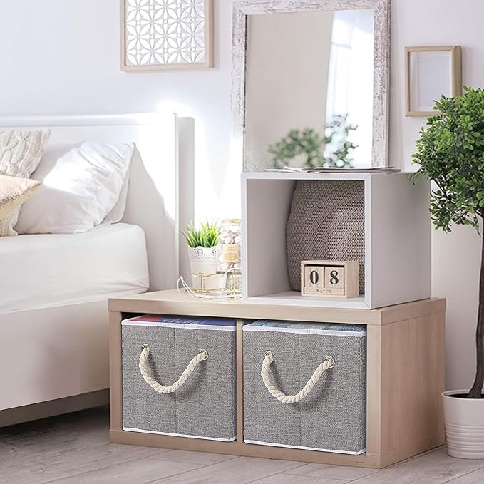 Yawinhe Collapsible Storage Bins 1-Pack, Large Fabric Baskets with Rope Handle, Organizers for Shelves, Closets, Clothes, 16.53''Lx11.81''Wx10.23''H, Grey-Ruum Studio Home