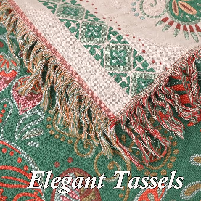 Snycler Cotton Bed Throw with Tassels, Double-Sided Bohemian Spring Flowers Plants Throws for Sofas, 60x80 inch Woven Warm Blanket for Single Sofa, Bedspread and Settee Couch Travel Green-Ruum Studio Home