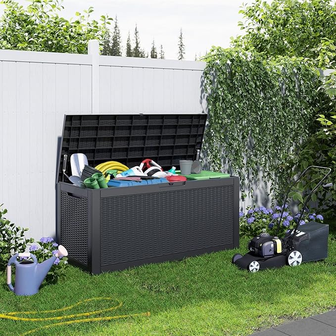 DRATO 100 Gallon Large Deck Box, Outdoor Storage Box for Patio Furniture, Patio Cushions, Gardening Tools, Pool Supplies,660lbs Weight Capacity,Waterproof Resin Storage Boxes-Ruum Studio Home