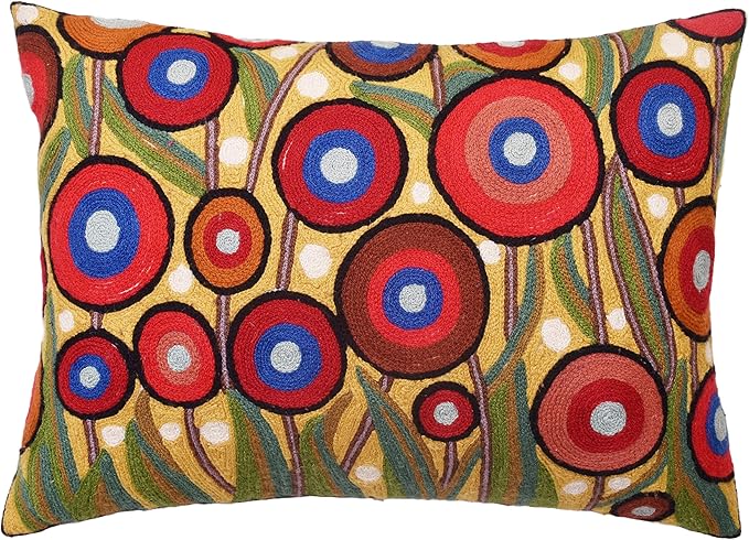 Lumbar Yellow Poppy Floral Pillow Cover Red Poppies Flower Pillows Farmhouse Chair Cushion Floral Poppy Hand Embroidered Size 14x20-Ruum Studio Home