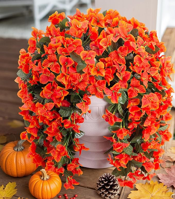 Artificial Bougainvillea Faux Flowers Plants for Outdoors Outside Fall Autumn Decor, 2 PCS Silk Trailing Vines UV Resistant Realistic Orange Fake Flowers for Planter Front Door Porch Patio Balcony-Ruum Studio Home