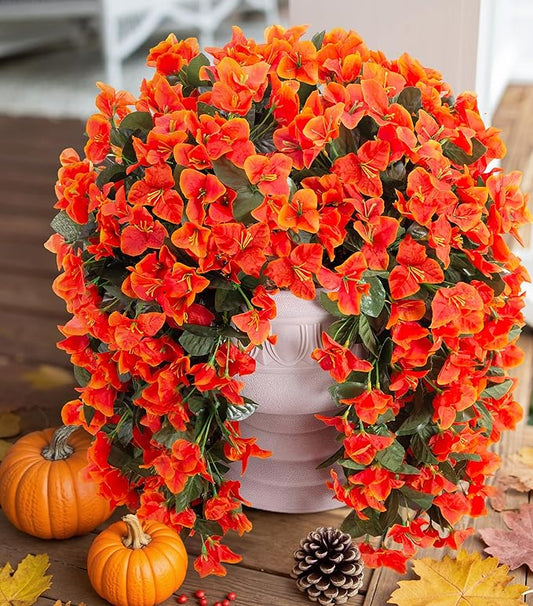 Artificial Bougainvillea Faux Flowers Plants for Outdoors Outside Fall Autumn Decor, 2 PCS Silk Trailing Vines UV Resistant Realistic Orange Fake Flowers for Planter Front Door Porch Patio Balcony-Ruum Studio Home