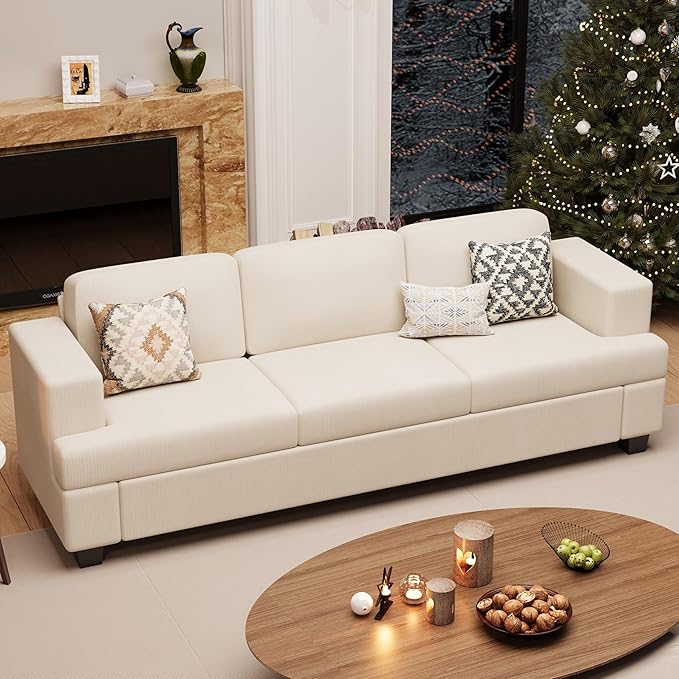 89" White Corduroy Sofa for Living Room, 3 Seater Cloud Couch, Deep Seat Floor Couch for Bedroom, Futon Modern Sofa Bed, White Corduroy-Ruum Studio Home