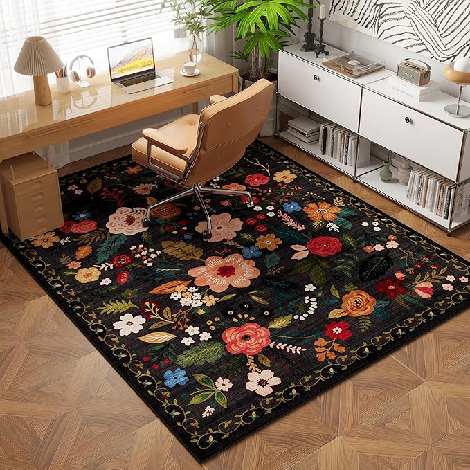 Bedroom Rug 3x5 Rug Washable Area Rug Non Slip Low Pile Boho Floral Small Carpet for Bedroom, Bedside, Kitchen, Entryway, Kids Room, Office, College Dorm Essentials for Girls(Black)-Ruum Studio Home