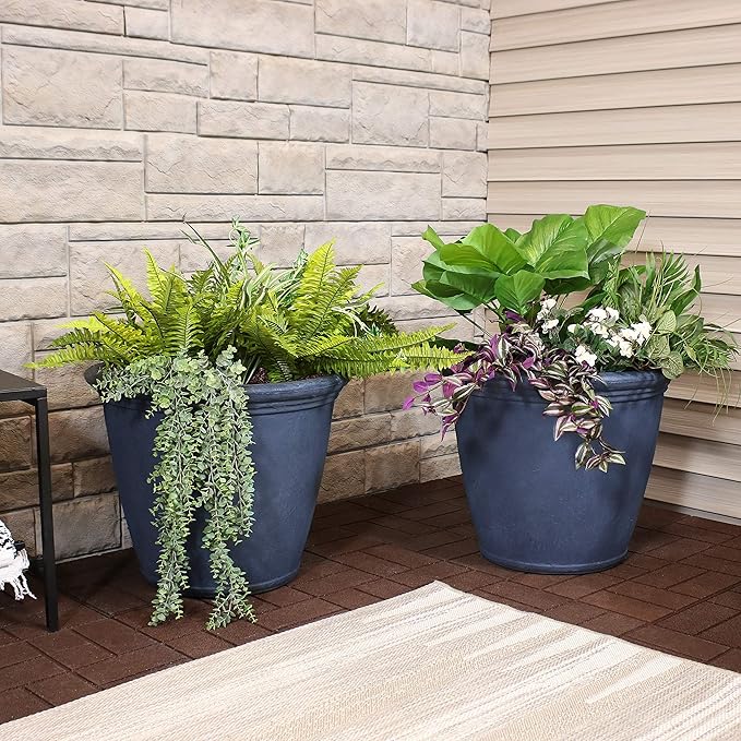 Sunnydaze 24-Inch Anjelica Large Plastic Pot for Plants - Outdoor Polyresin Round Planter with Drillable Drainage Holes - Slate - 2pk-Ruum Studio Home