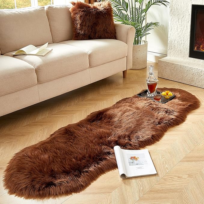AMTOVO Faux Sheepskin Rug, Coffee Ultra Soft Fluffy Shag Area Rug, 2 x 6 ft Faux Fur Rug for Bedroom Sofa Throw Cushion Room Decor, Sheepskin-Ruum Studio Home