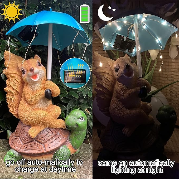 Malister Solar Garden Statue Outdoor Decor - Squirrel Siting on Turtle Statue with String Lights Umbrella for Patio, Garden Decor Garden Art Outdoor Lawn Decor Yard Art, Housewarming Garden Gifts-Ruum Studio Home