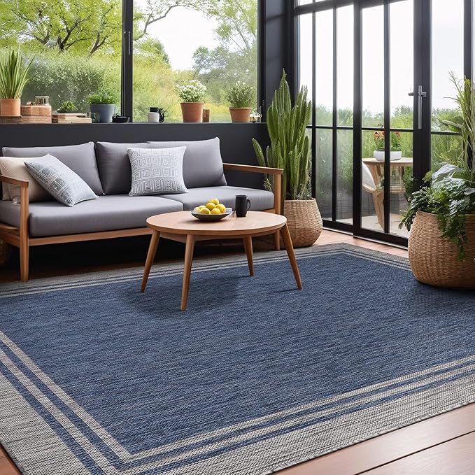 Bordered Outdoor Rug 9x12 Washable Outside Carpet for Indoor Patio Porch Waterproof Easy Cleaning Non Shedding Area Rugs Navy 9 x 12-Ruum Studio Home