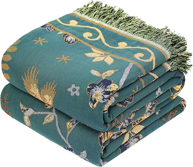 Boho 100% Organic Cotton Large Throw Blanket 50" x 60" - All Season Rustic Ultra Soft Breathable Floral Bird Blanket for Bed Sofa Couch Chair Bedspread Quilt Gift-Teal,Beige-Ruum Studio Home