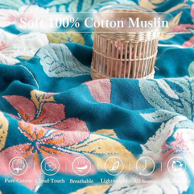 Boho Throw Blanket Twin Size, Soft Cozy Cotton Muslin Quilt Blanket for Bed Decor, Floral Patterned Couch Sofa Chair Cover, Vintage Farmhouse Cottage Tapestry Woven Blanket, Teal&Green-Ruum Studio Home