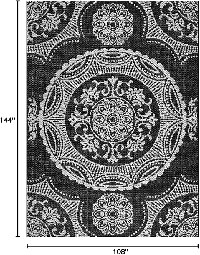 Medallion Outdoor Rug 9x12 Washable Outside Carpet for Indoor Patio Porch Waterproof Easy Cleaning Non Shedding Area Rugs Black 9 x 12-Ruum Studio Home