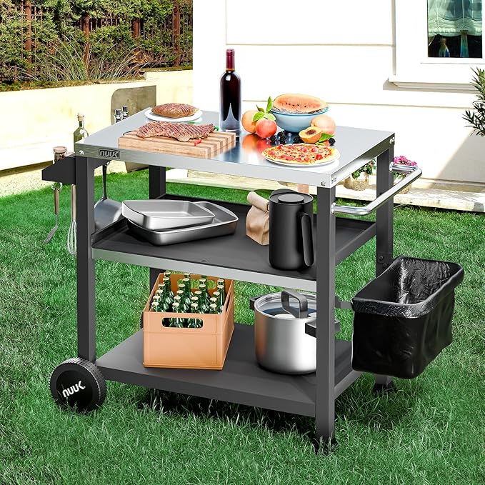 NUUK 3-Shelf Grill Cart with Stainless Steel Top – 20" x 32" Mobile Outdoor Kitchen Table for Pizza Oven, Food Prep, and Dining – Worktable with Wheels,-Ruum Studio Home