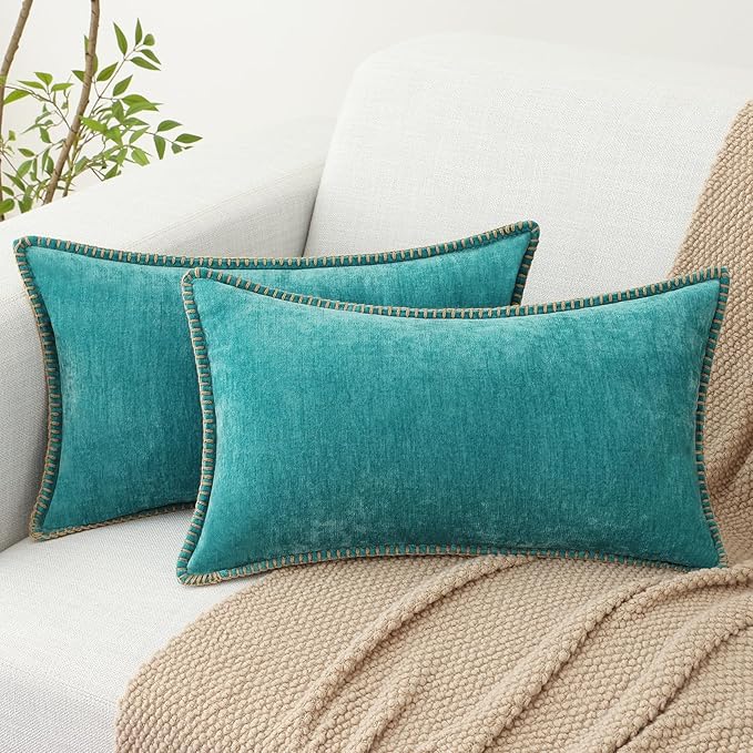 decorUhome Chenille Soft Throw Pillow Covers 12x20 Set of 2, Lumbar Velvet Farmhouse Neutral Decorative Euro Pillow Covers with Stitched Edge for Couch Sofa Bed Home Decor, Turquoise-Ruum Studio Home