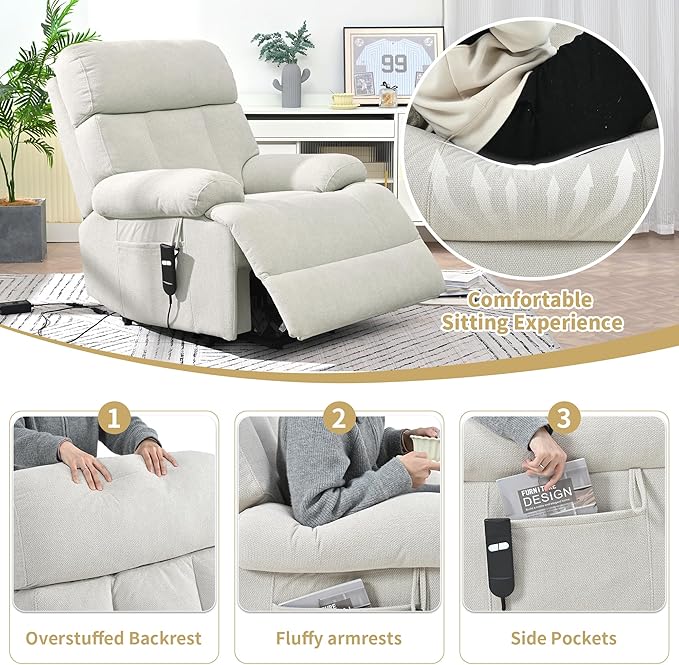 Power Lift Chair Recliners for Elderly, Overstuffed Electric Lift Recliner Chair with Widened Footrest Side Packets for Living Room Bedroom-Ruum Studio Home