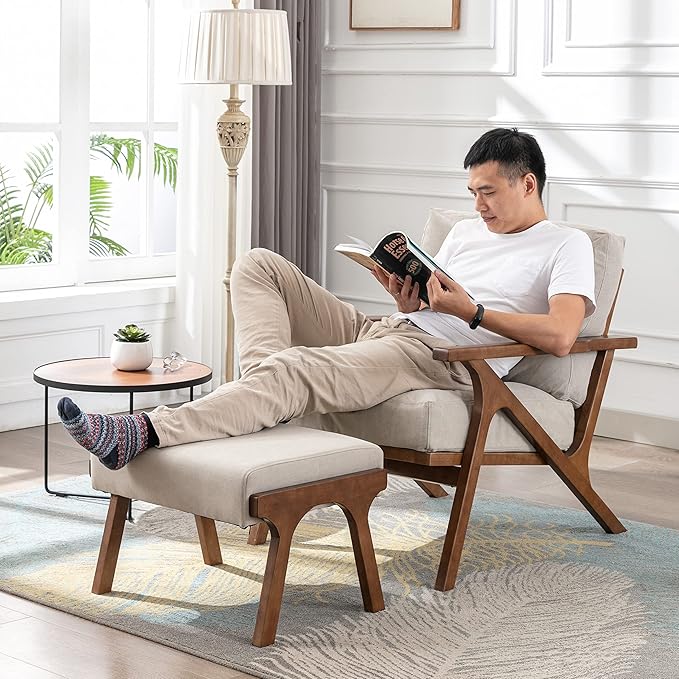chairus 2 Sets Mid-Century Modern Accent Chairs with Ottoman, Linen Fabric Armchair with Wood Legs Comfy Upholstered Single Sofa Chair for Living Room/Bedroom/Lounge, Beige-Ruum Studio Home